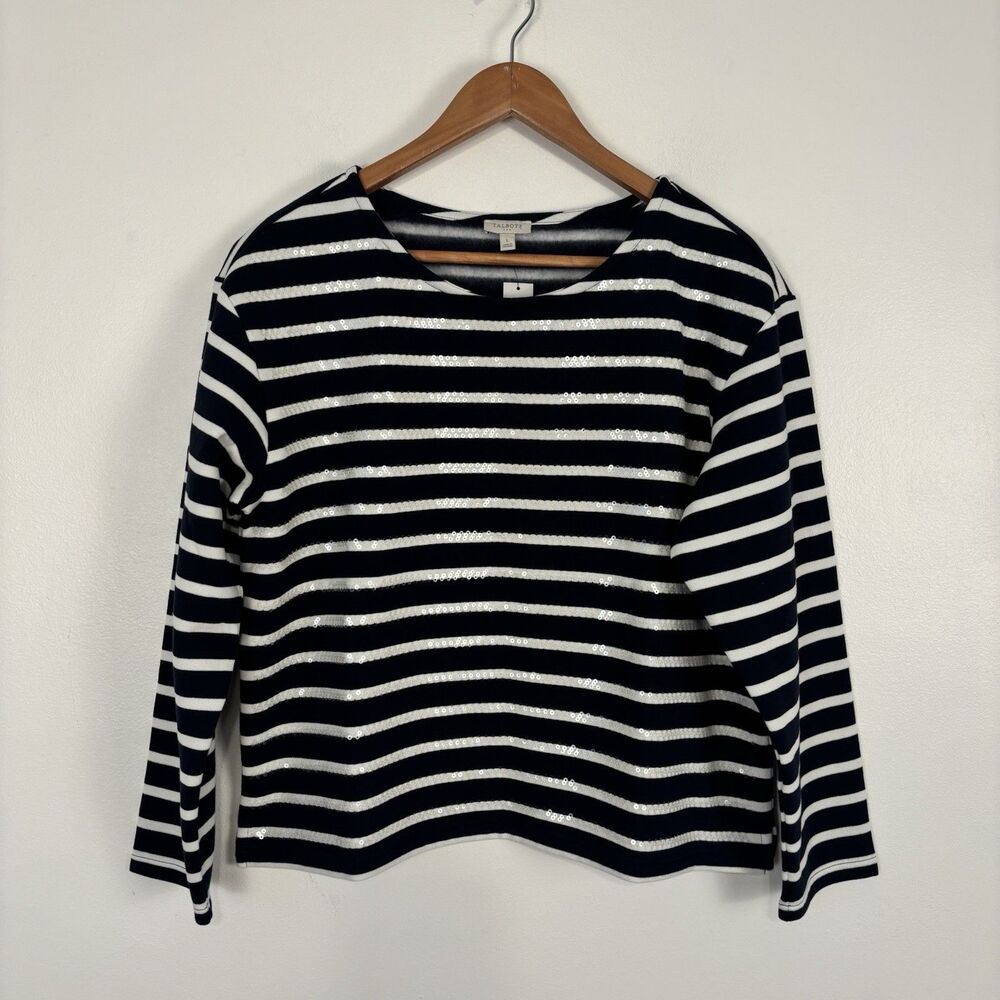 Talbots Factory Sweater Striped Sequined Navy Blue White 3/4 Sleeve Large NEW